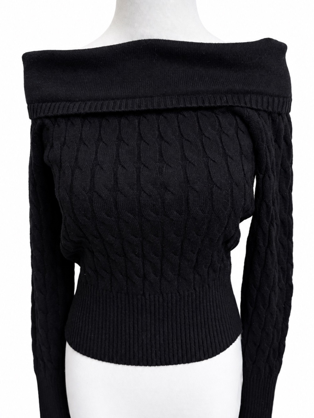 Forever 21 Black Off-the-Shoulder Cable Knit Sweater Medium